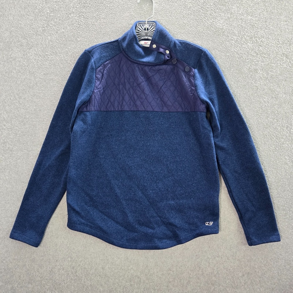 Vineyard Vines Women Sweater XS Blue Quilted Snap Long Sleeve Mock Neck